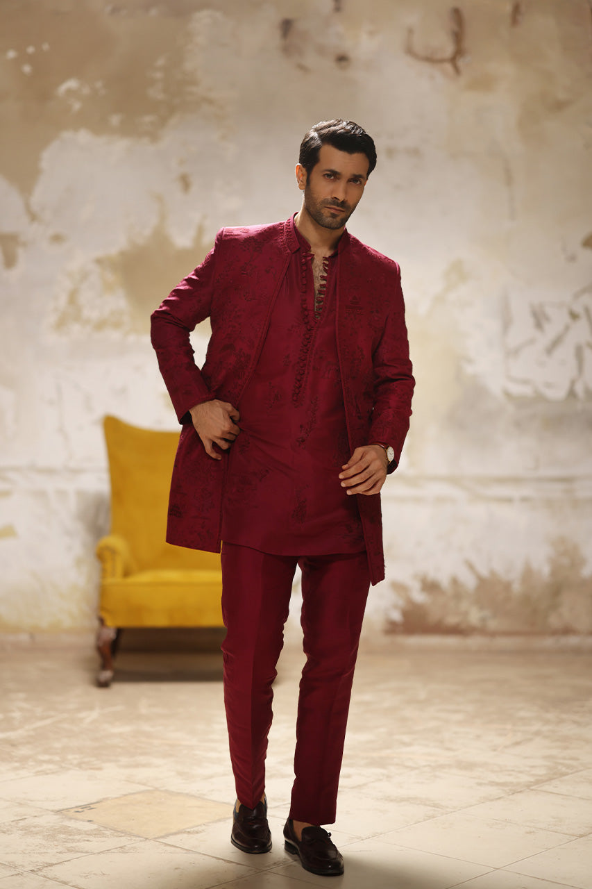 Maroon Hand-Embroidered Raw Silk Sherwani (3-Piece) - Image 6