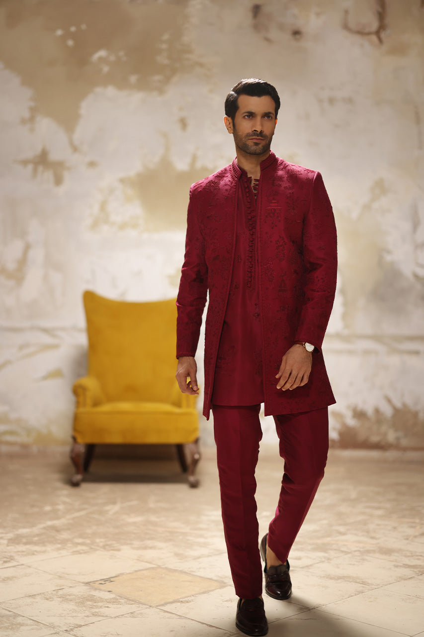 Maroon Hand-Embroidered Raw Silk Sherwani (3-Piece) - Image 7