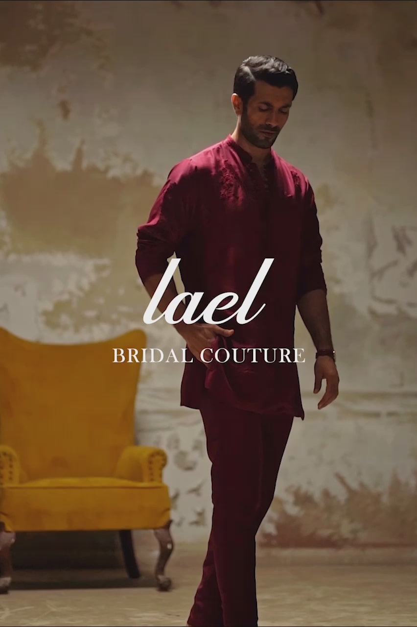 Maroon Hand-Embroidered Raw Silk Sherwani (3-Piece) - Image 8