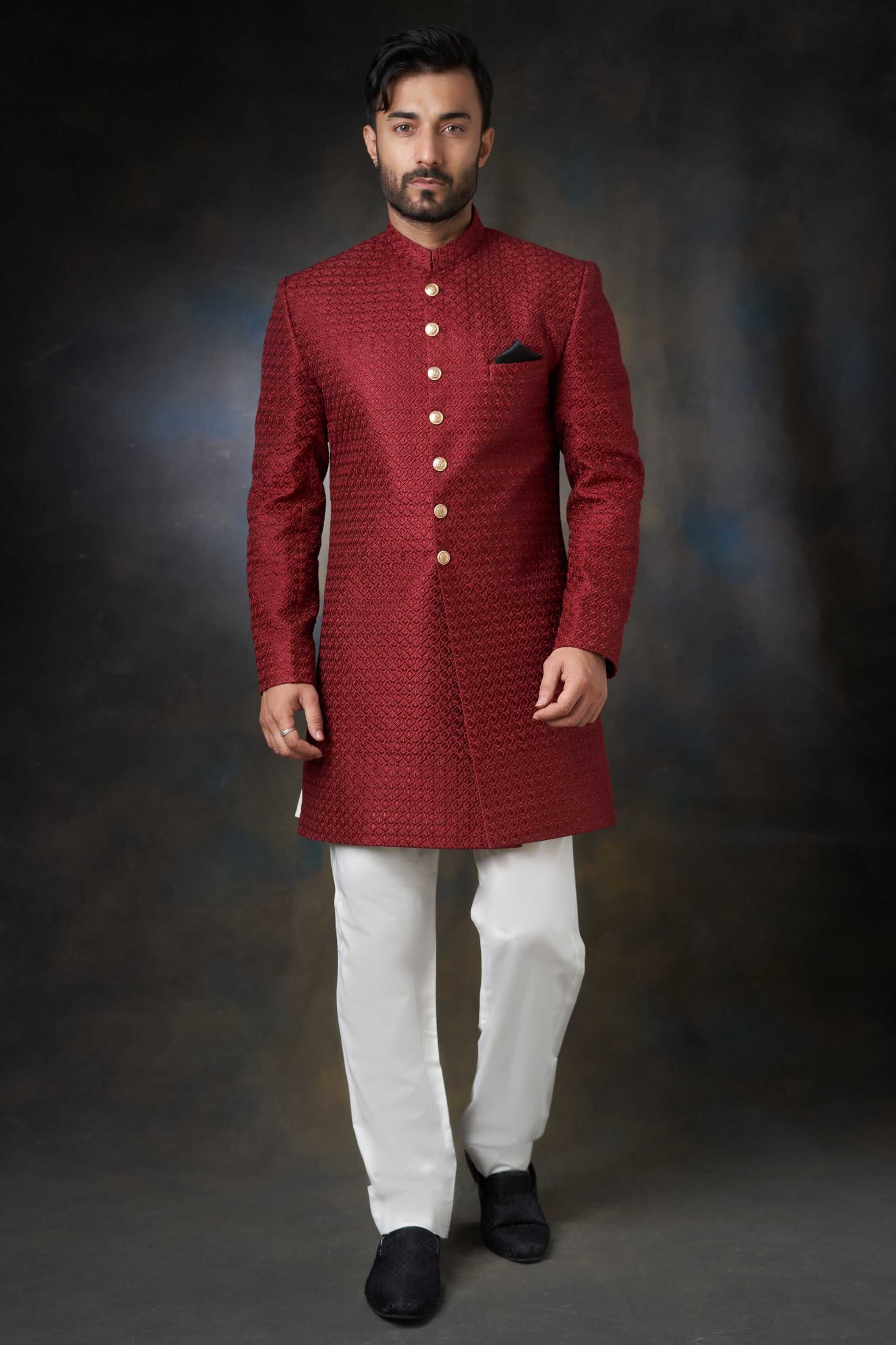 Deep Maroon Thread Embroidered Raw Silk Short Sherwani (2-Piece) - Image 1