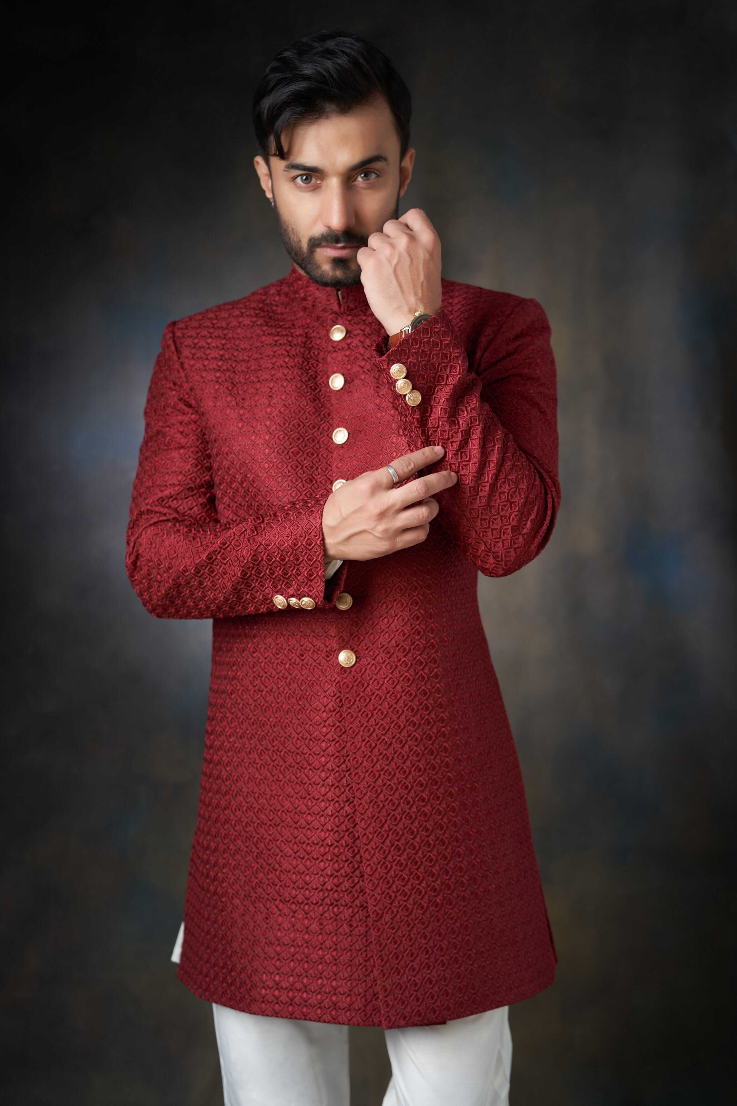 Deep Maroon Thread Embroidered Raw Silk Short Sherwani (2-Piece) - Image 2