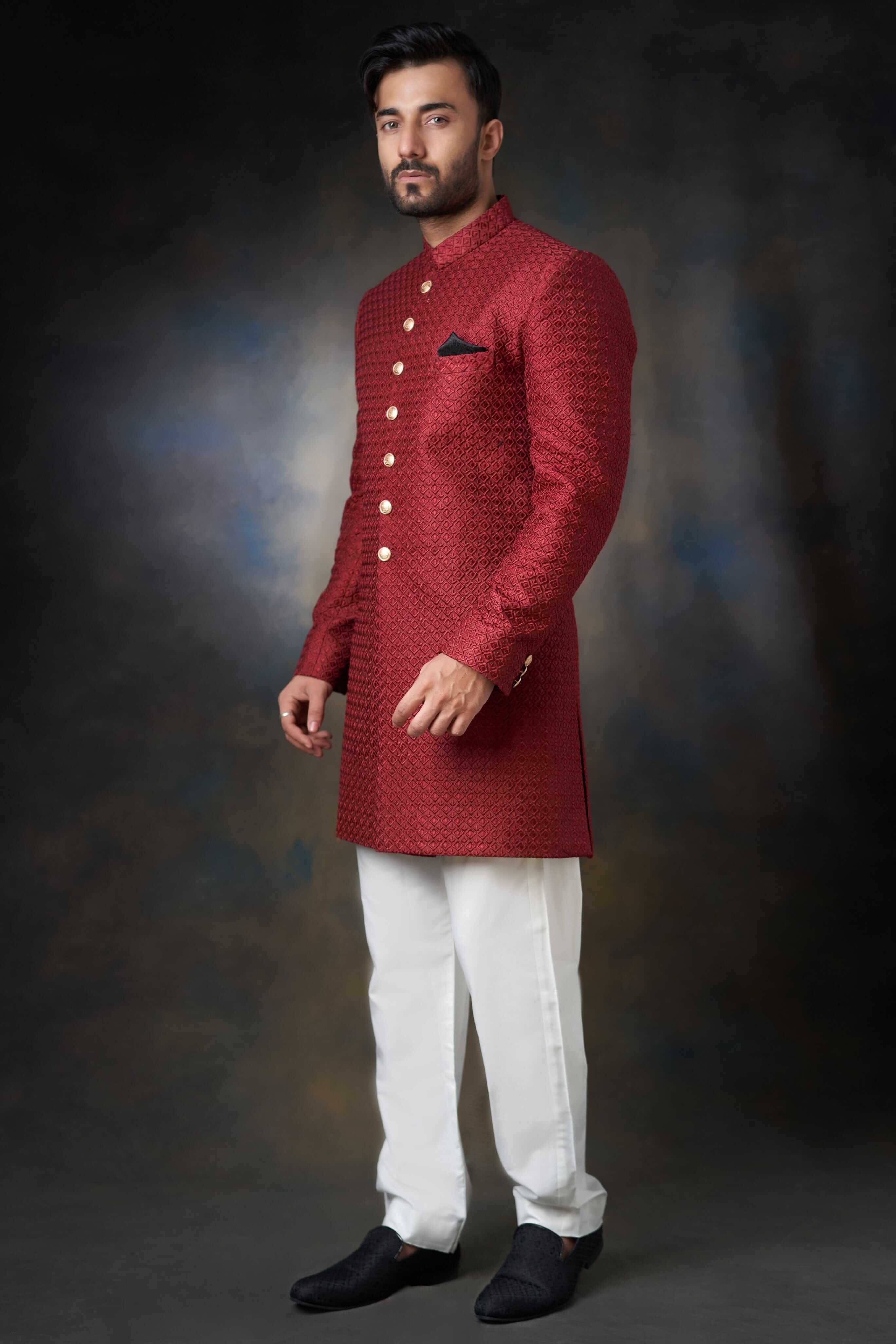 Deep Maroon Thread Embroidered Raw Silk Short Sherwani (2-Piece) - Image 3