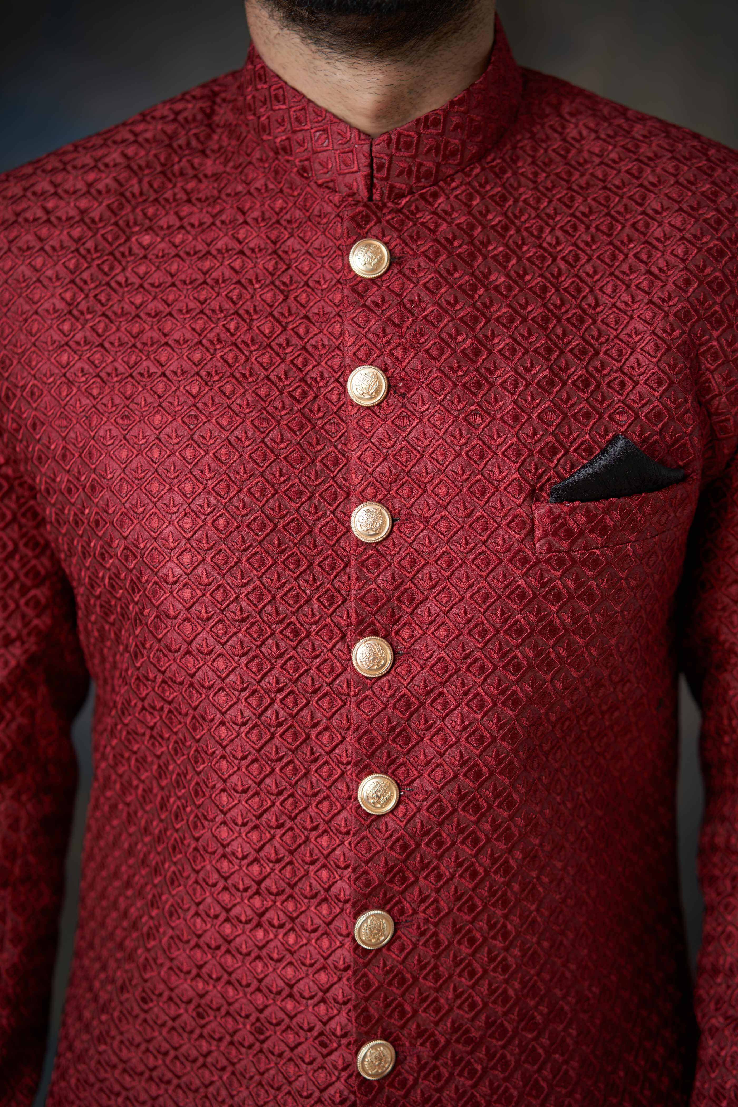 Deep Maroon Thread Embroidered Raw Silk Short Sherwani (2-Piece) - Image 4