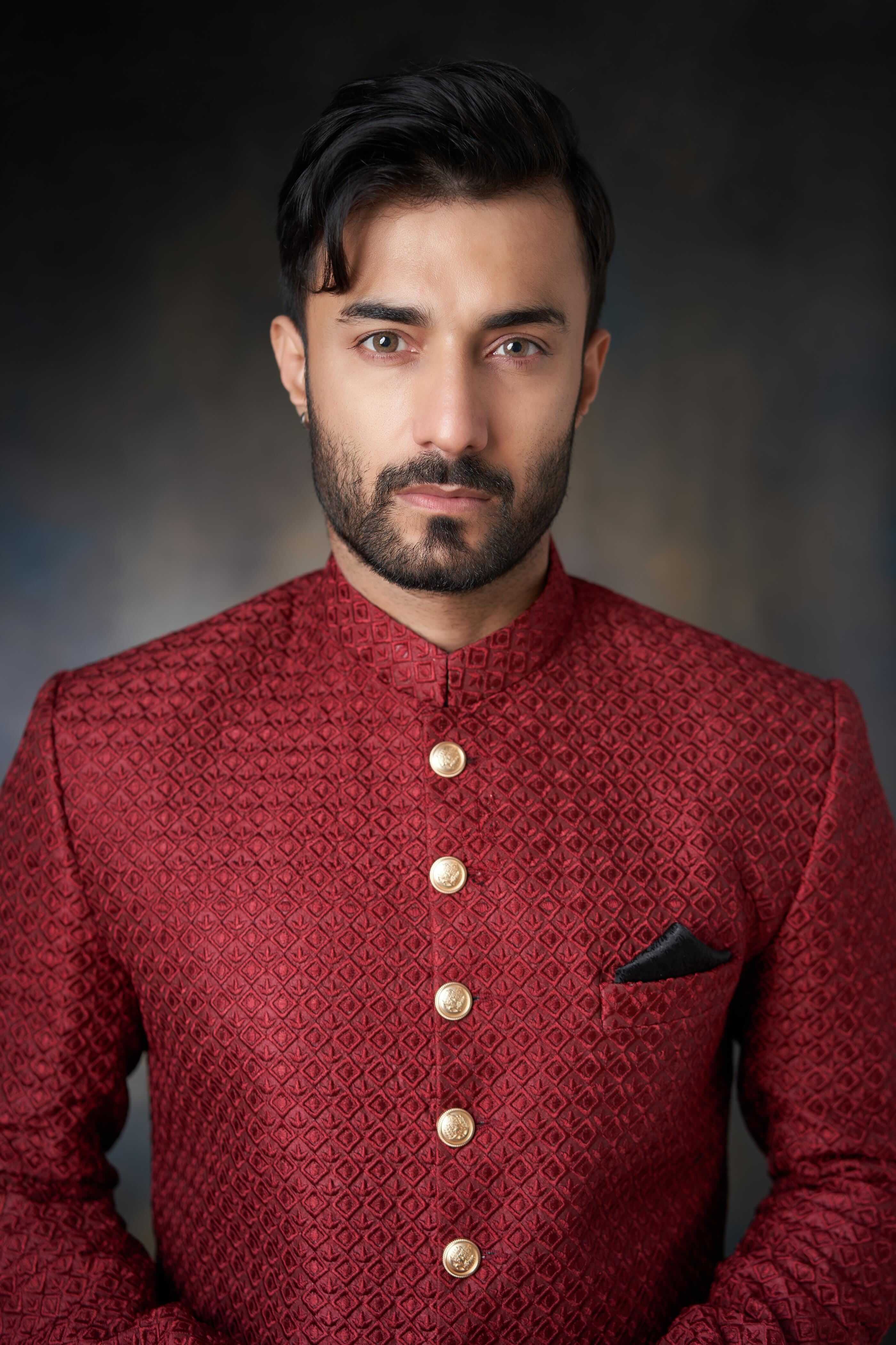Deep Maroon Thread Embroidered Raw Silk Short Sherwani (2-Piece) - Image 5
