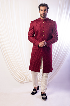 Maroon Embroidered Pure Silk Sherwani (2-Piece) - Image 1