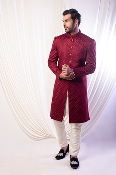 Maroon Embroidered Pure Silk Sherwani (2-Piece) - Image 2