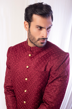 Maroon Embroidered Pure Silk Sherwani (2-Piece) - Image 3