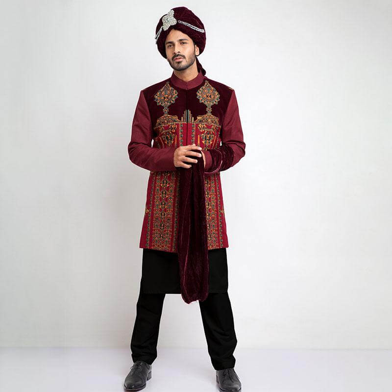 Burgundy Velvet Appliqué Sherwani (3-Piece) - Image 1