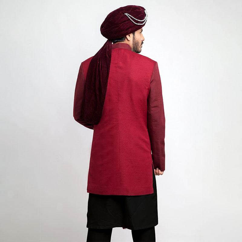 Burgundy Velvet Appliqué Sherwani (3-Piece) - Image 2