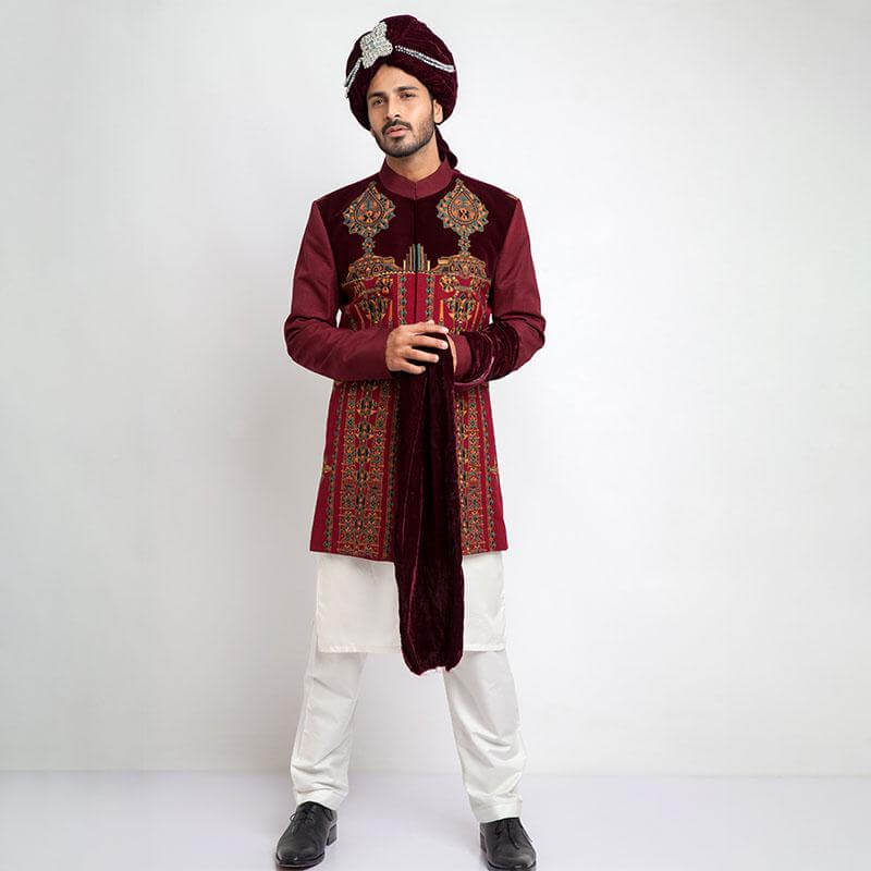 Burgundy Velvet Appliqué Sherwani (3-Piece) - Image 3