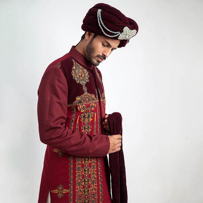 Burgundy Velvet Appliqué Sherwani (3-Piece) - Image 4