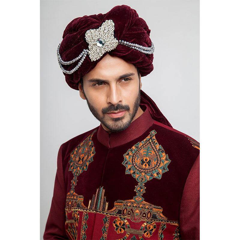Burgundy Velvet Appliqué Sherwani (3-Piece) - Image 5