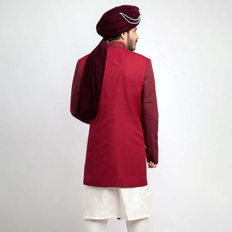 Burgundy Velvet Appliqué Sherwani (3-Piece) - Image 6