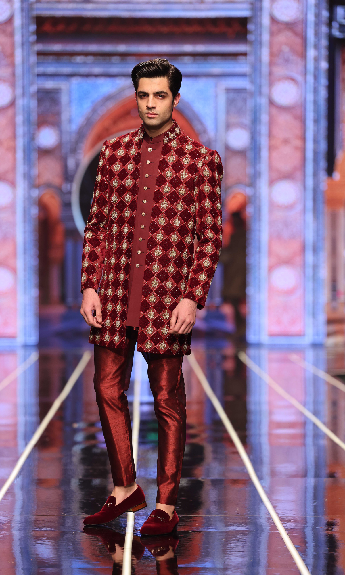Maroon Checkered Appliqué Velvet Satin Achkan Sherwani (2-Piece) - Image 1