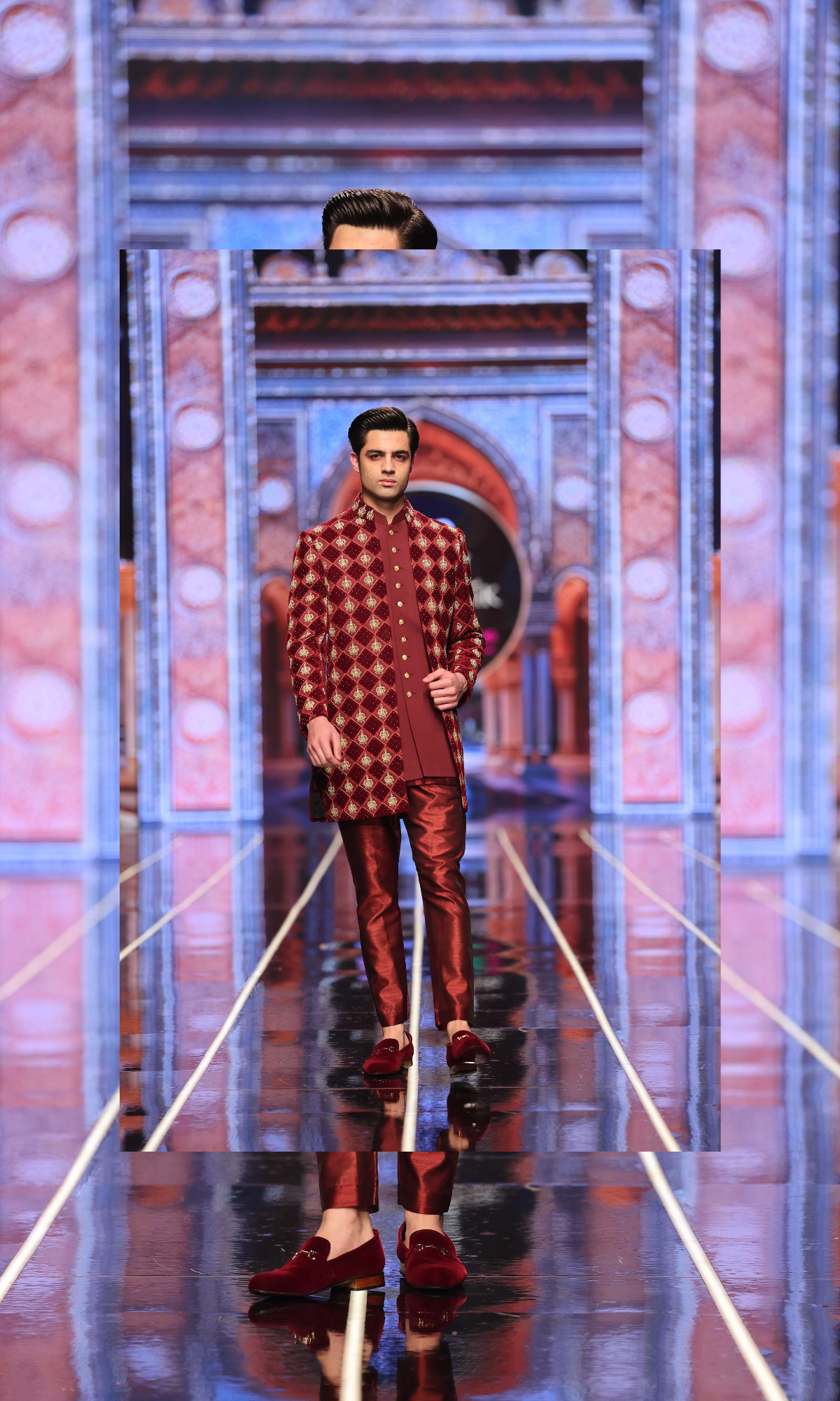 Maroon Checkered Appliqué Velvet Satin Achkan Sherwani (2-Piece) - Image 2