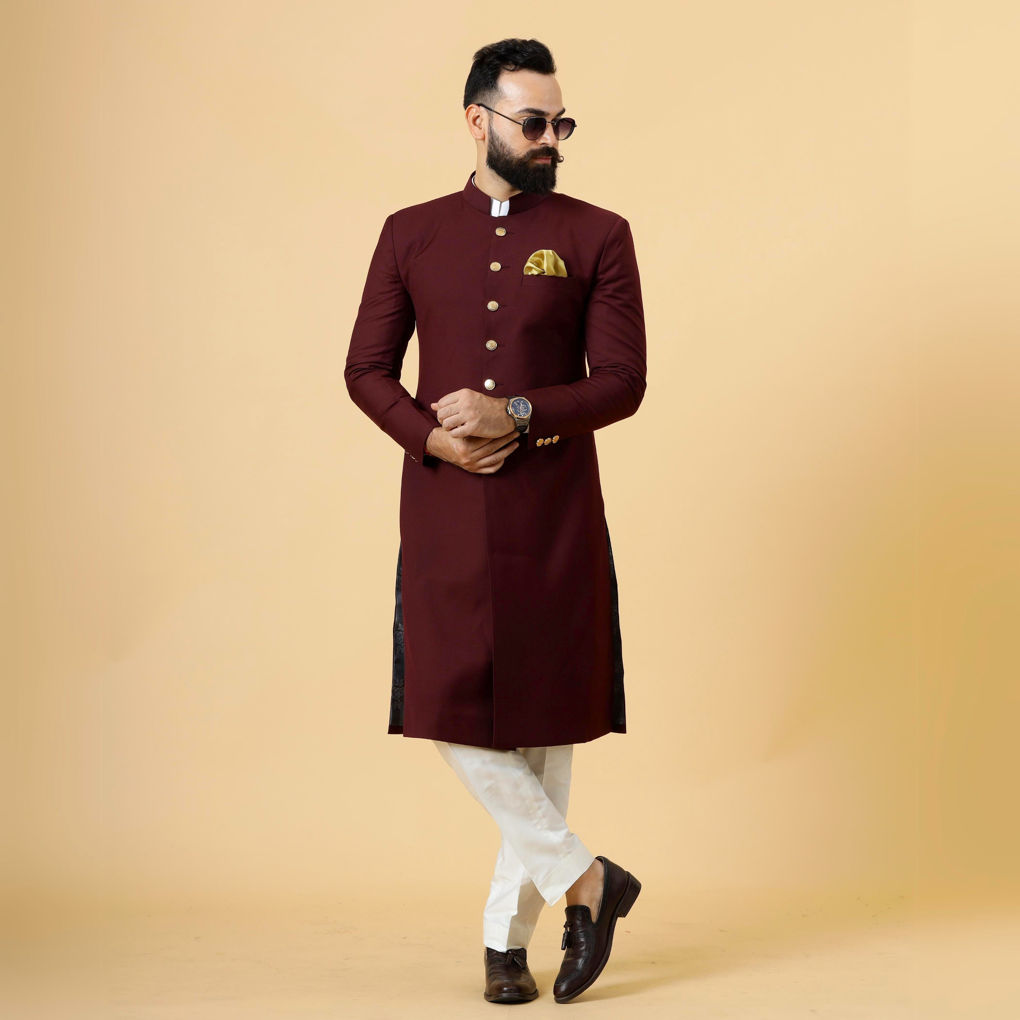 Wine Terry Rayon Achkan with Off-White Churidar (2-Piece) - Image 1