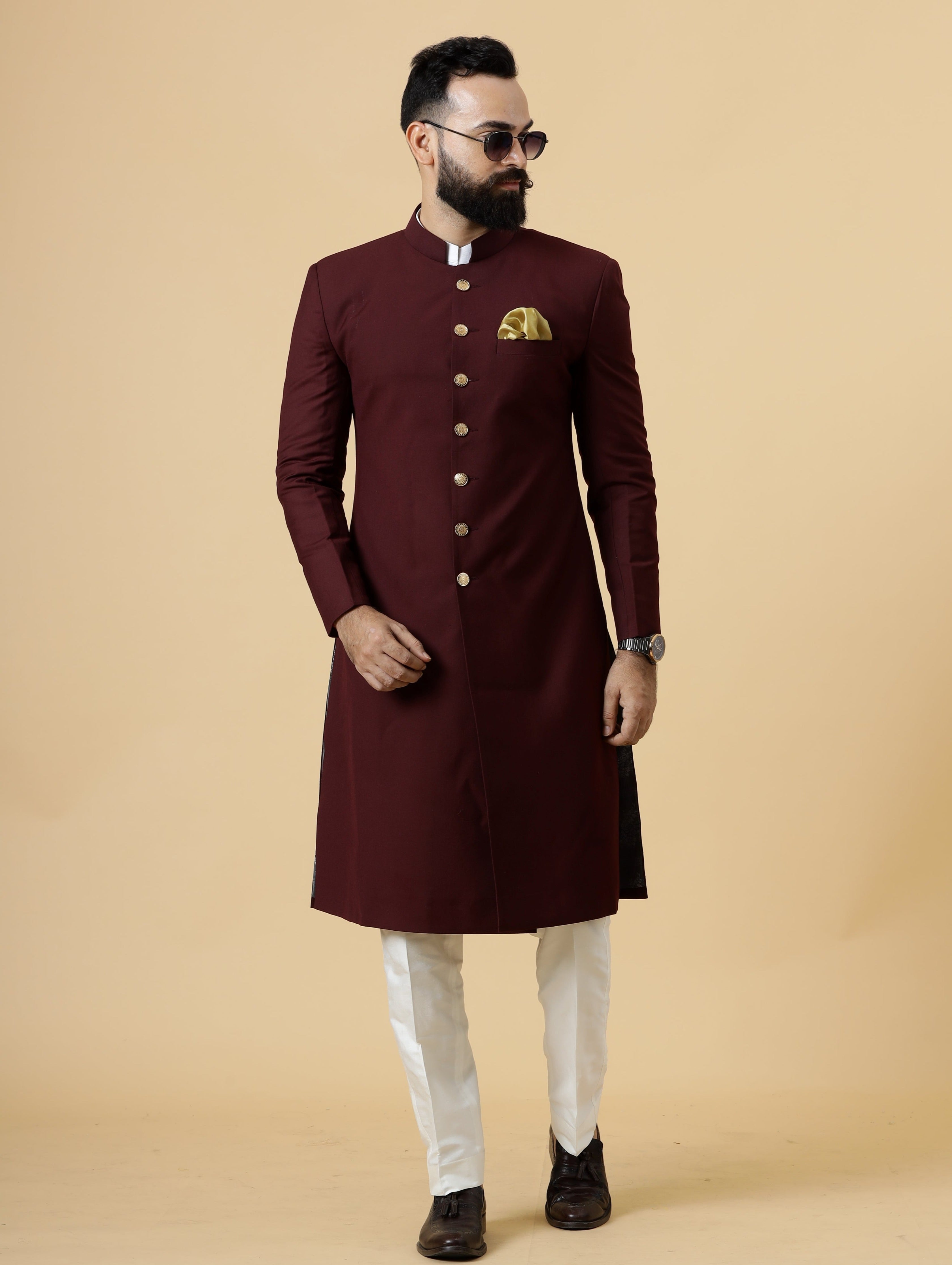 Wine Terry Rayon Achkan with Off-White Churidar (2-Piece) - Image 2