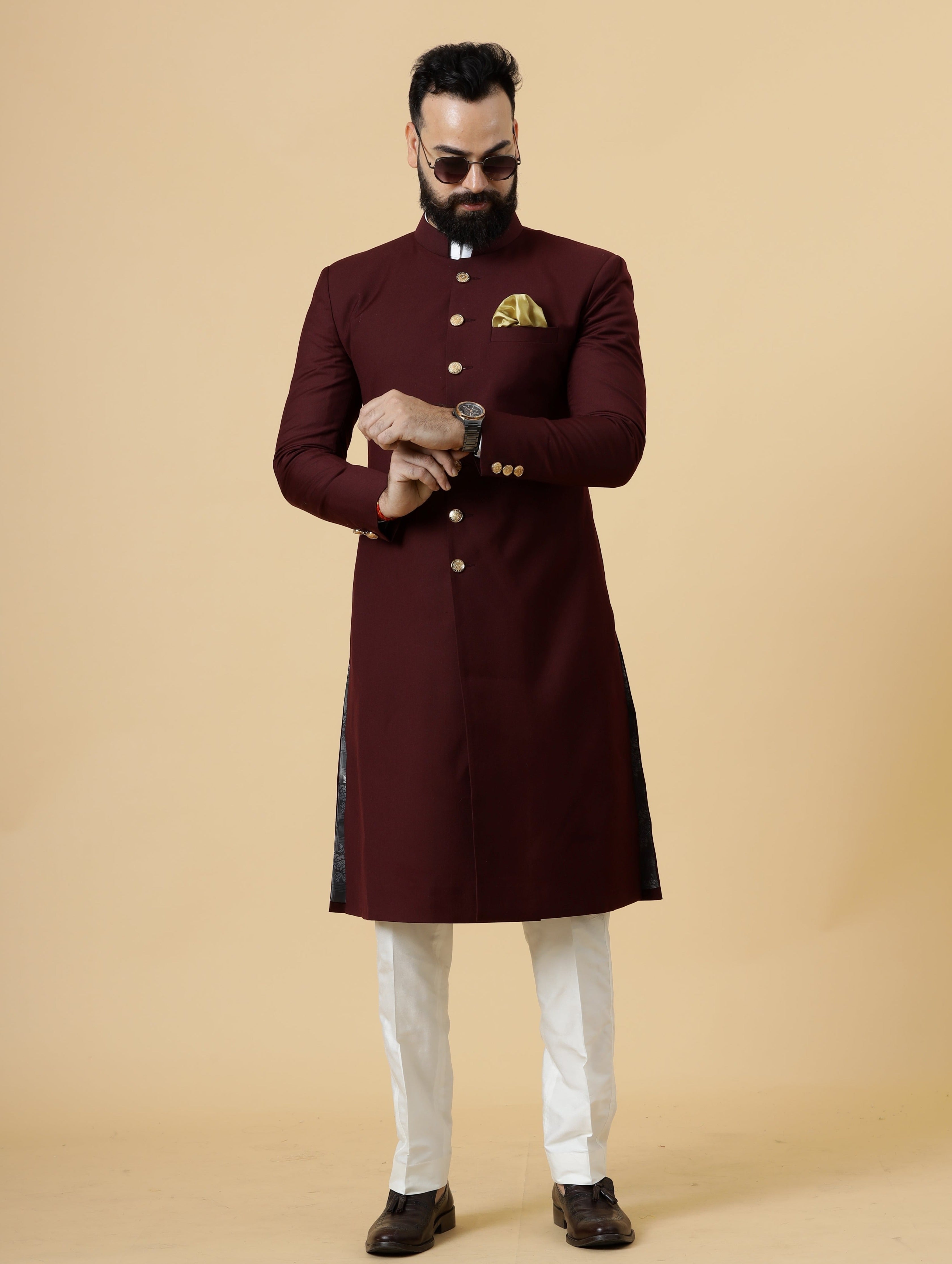 Wine Terry Rayon Achkan with Off-White Churidar (2-Piece) - Image 3