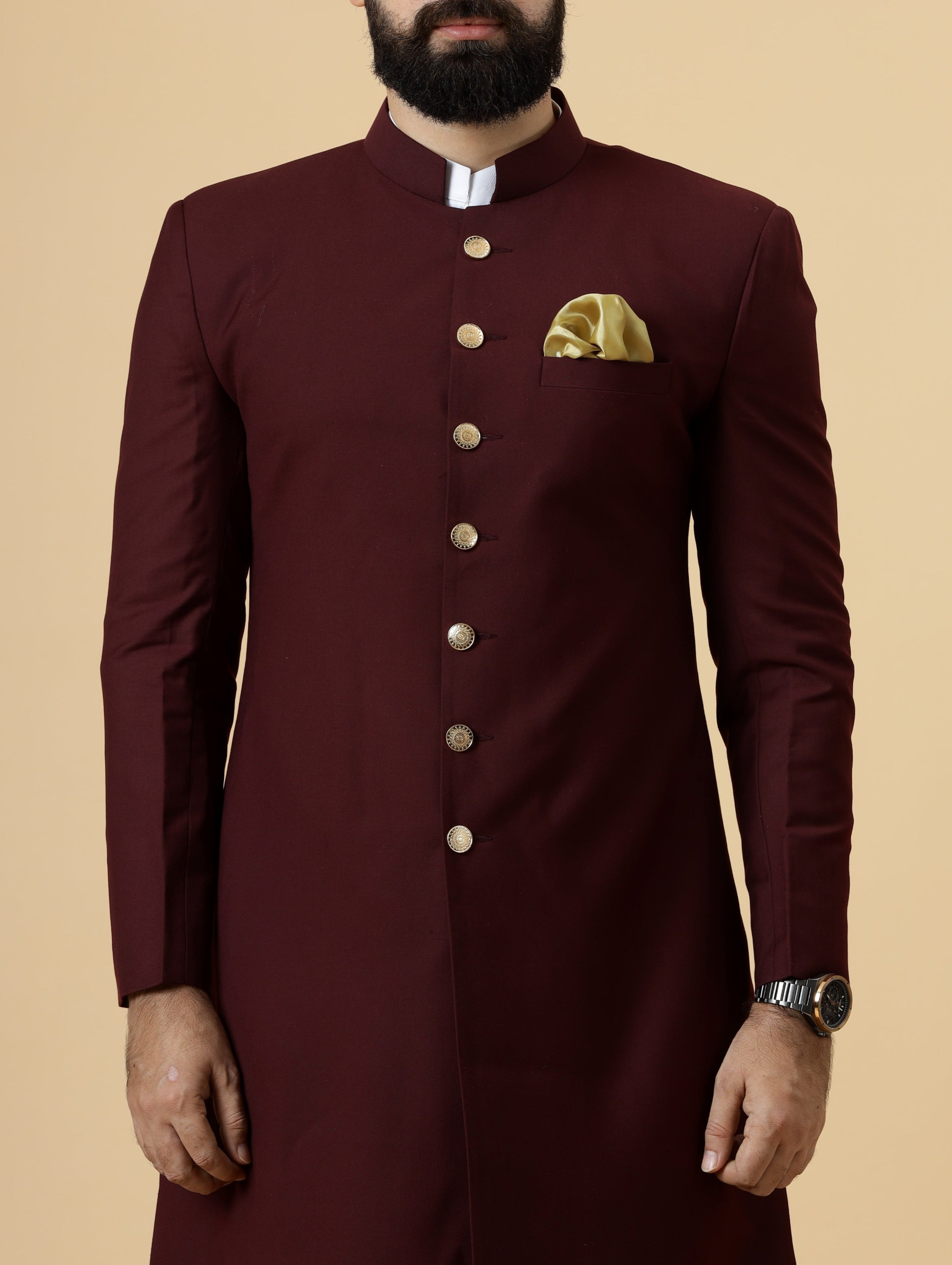 Wine Terry Rayon Achkan with Off-White Churidar (2-Piece) - Image 4