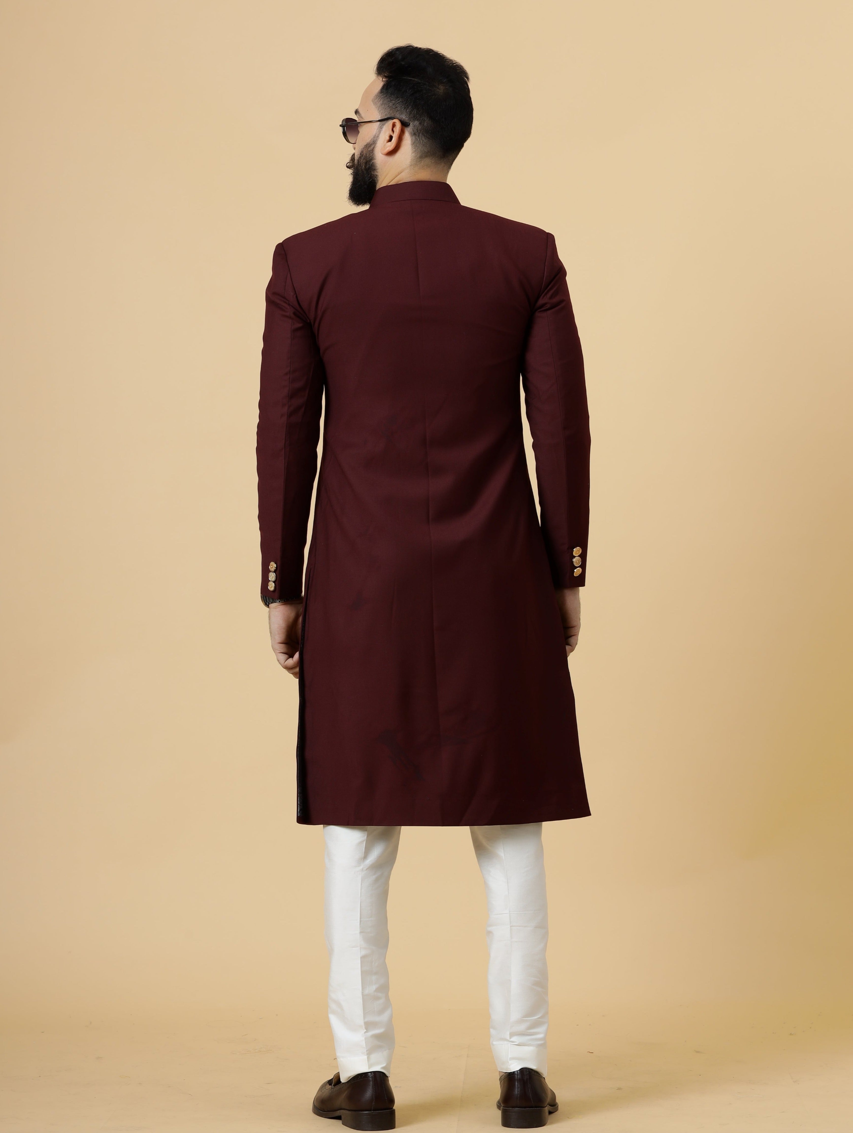 Wine Terry Rayon Achkan with Off-White Churidar (2-Piece) - Image 5