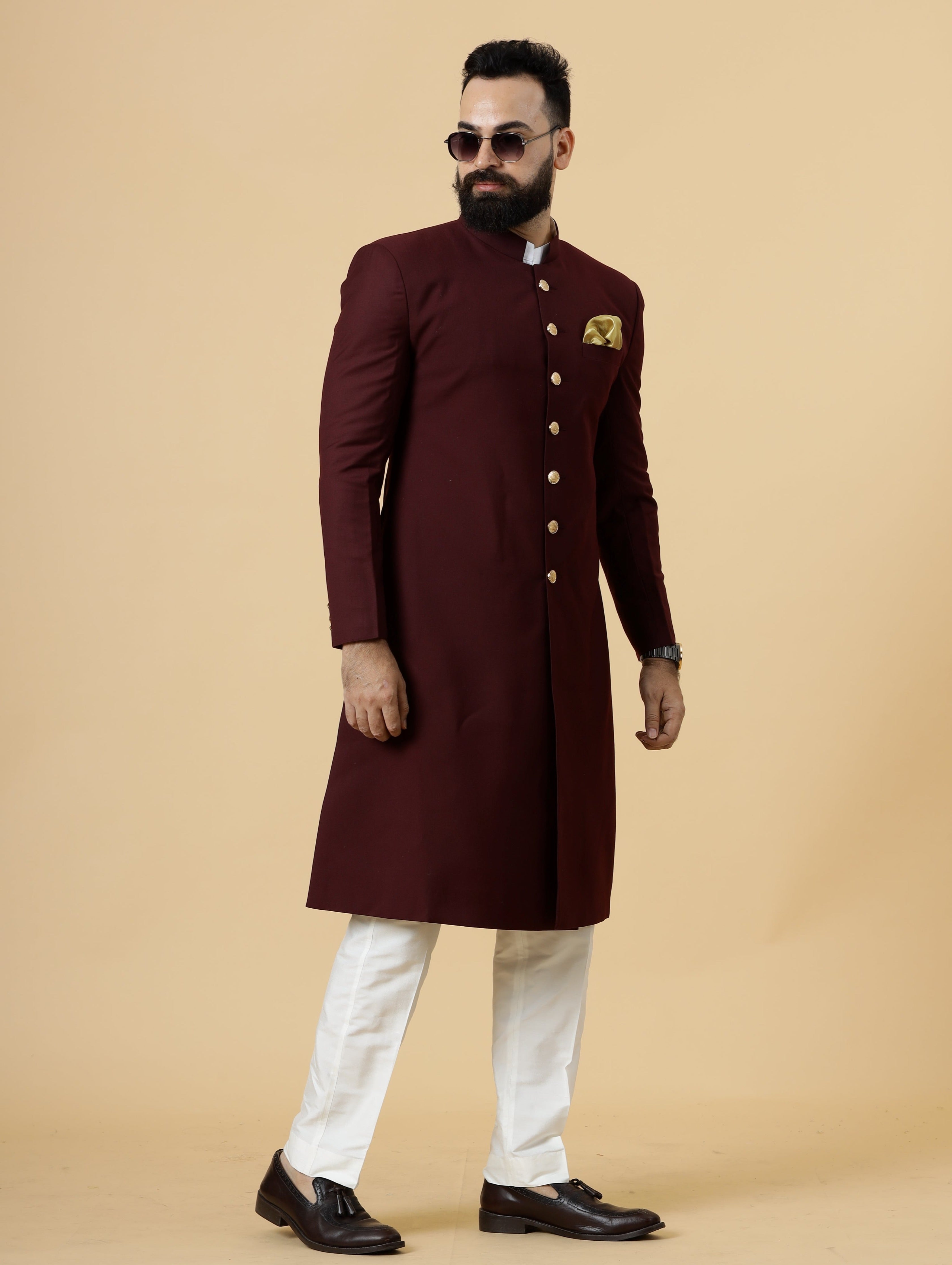 Wine Terry Rayon Achkan with Off-White Churidar (2-Piece) - Image 6
