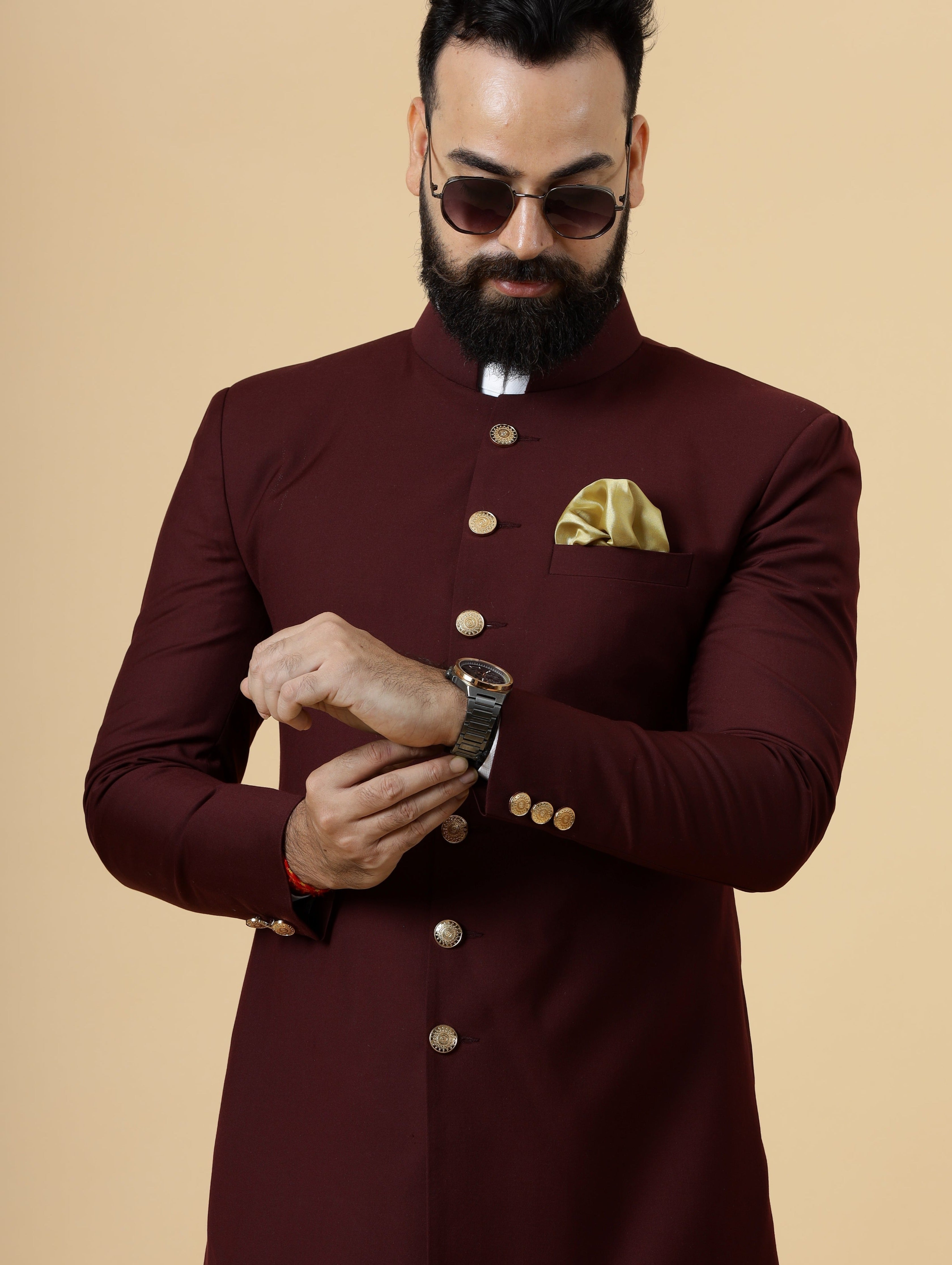 Wine Terry Rayon Achkan with Off-White Churidar (2-Piece) - Image 7