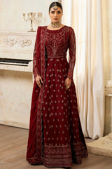 Pakistani Deep Maroon Embroidered Chiffon Anarkali Dress (3-Piece) - Image 1