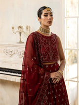Pakistani Deep Maroon Embroidered Chiffon Anarkali Dress (3-Piece) - Image 10