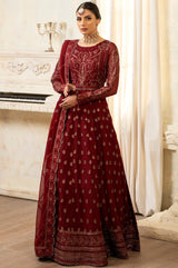 Pakistani Deep Maroon Embroidered Chiffon Anarkali Dress (3-Piece) - Image 2