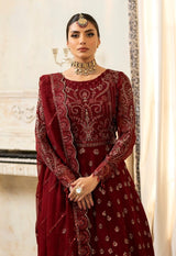 Pakistani Deep Maroon Embroidered Chiffon Anarkali Dress (3-Piece) - Image 3