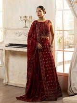 Pakistani Deep Maroon Embroidered Chiffon Anarkali Dress (3-Piece) - Image 4