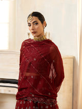 Pakistani Deep Maroon Embroidered Chiffon Anarkali Dress (3-Piece) - Image 7