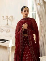 Pakistani Deep Maroon Embroidered Chiffon Anarkali Dress (3-Piece) - Image 9