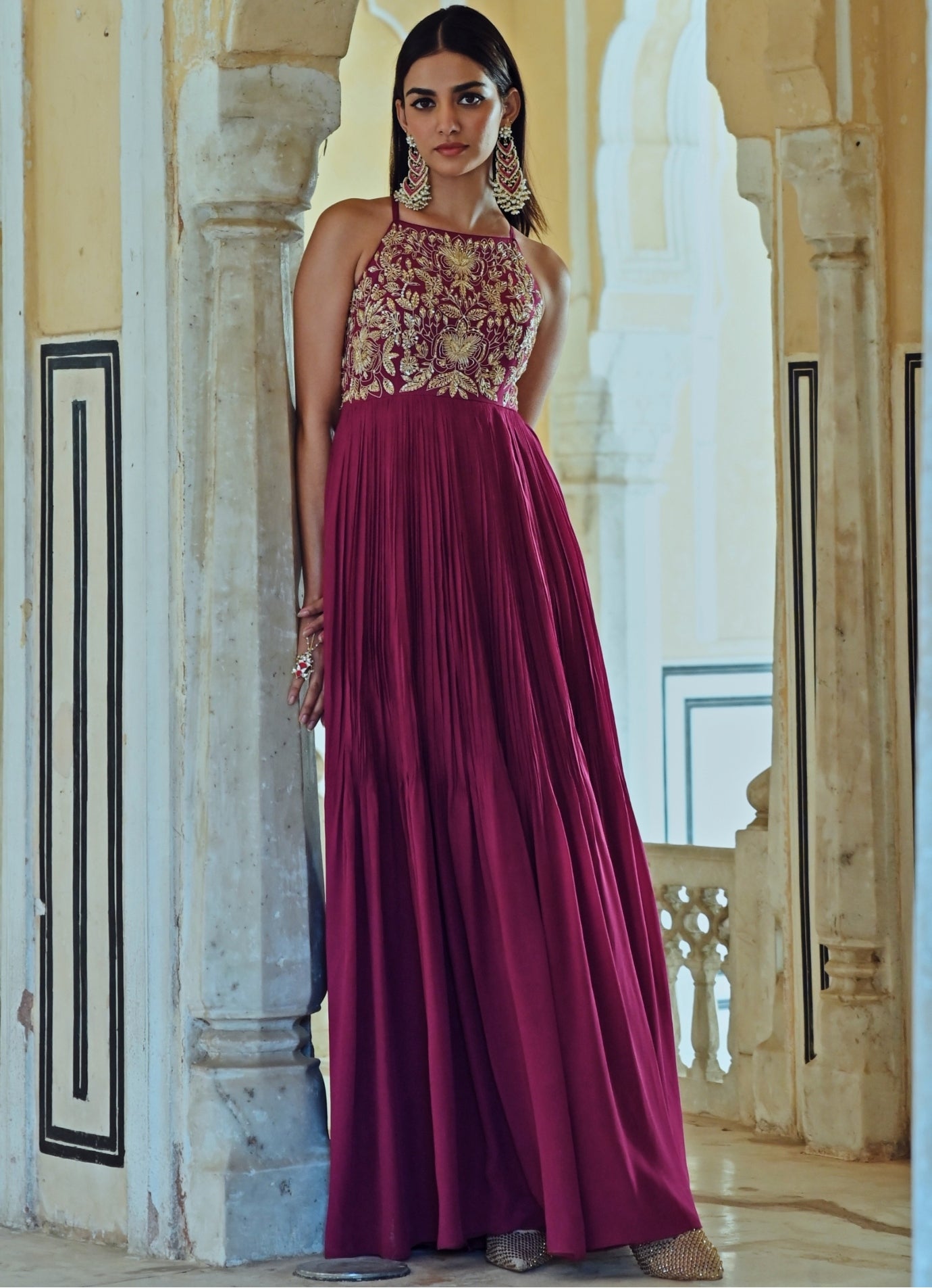 Pakistani Wine Embroidered Pure Crepe Anarkali Dress (2-Piece) - Image 1