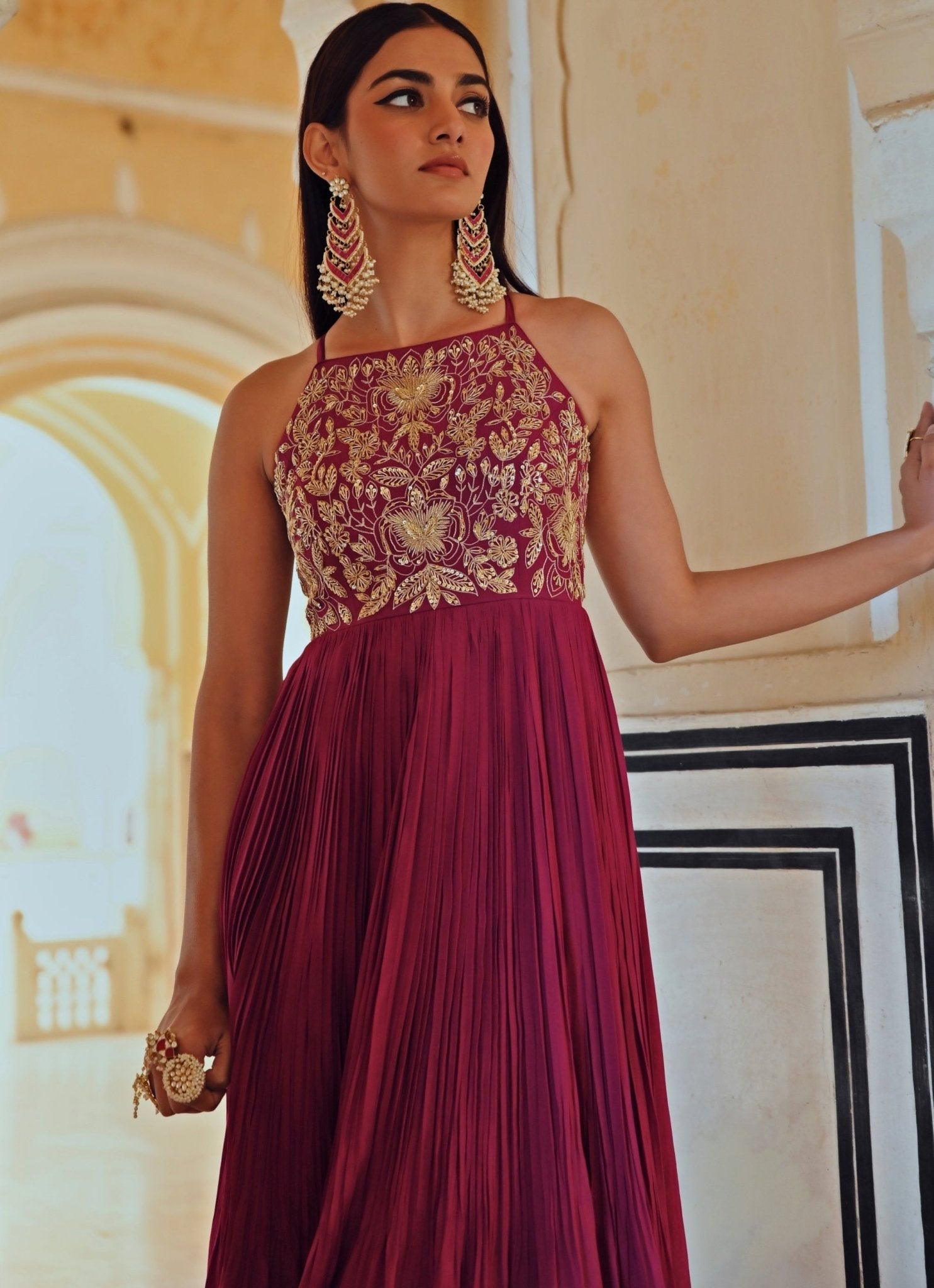 Pakistani Wine Embroidered Pure Crepe Anarkali Dress (2-Piece) - Image 2