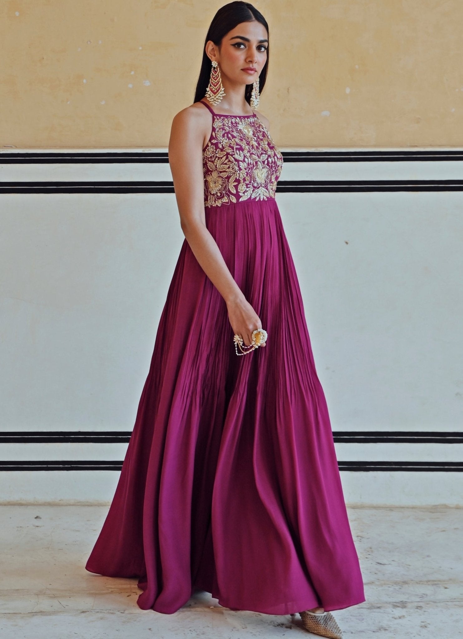 Pakistani Wine Embroidered Pure Crepe Anarkali Dress (2-Piece) - Image 3