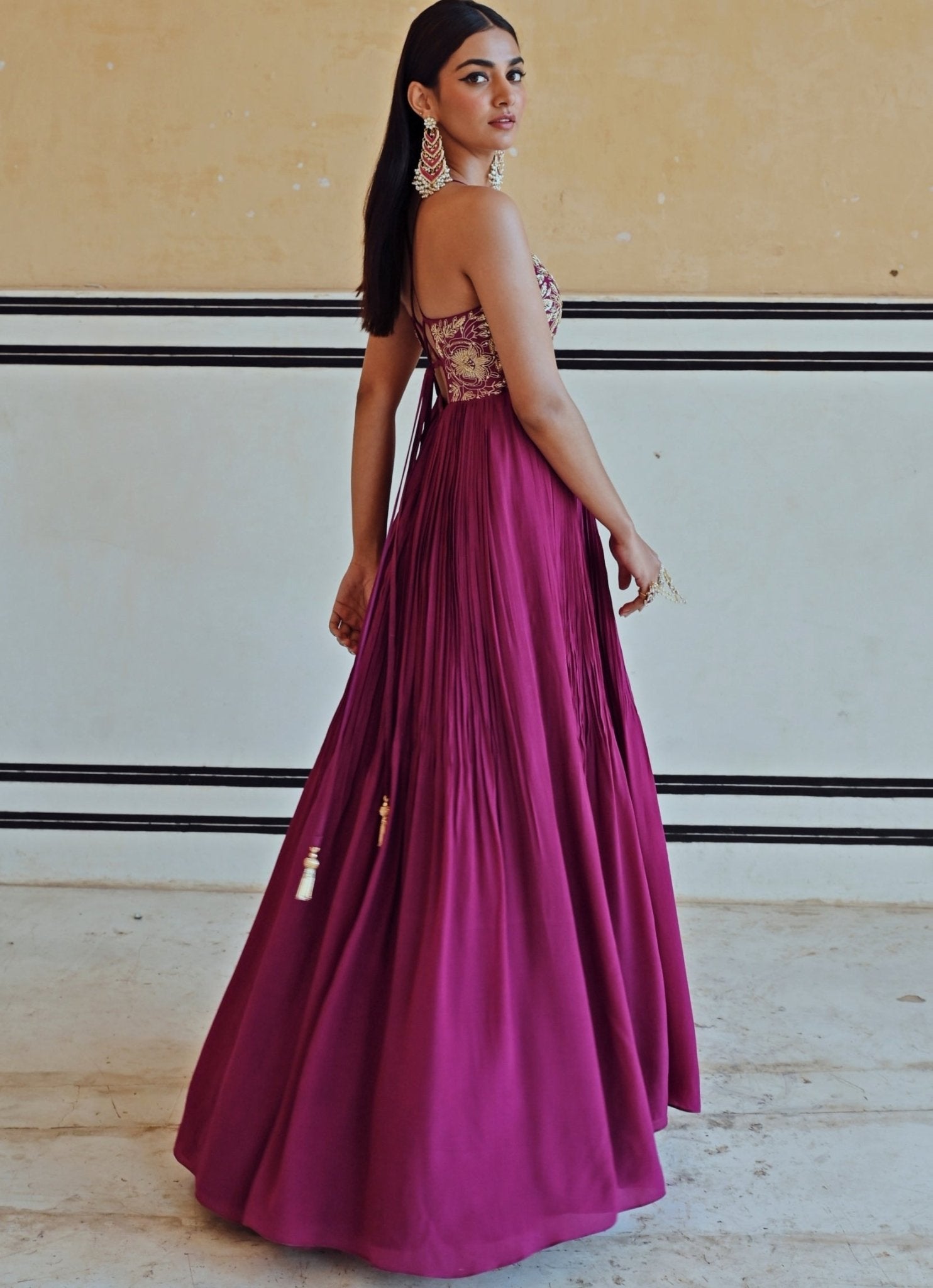 Pakistani Wine Embroidered Pure Crepe Anarkali Dress (2-Piece) - Image 4