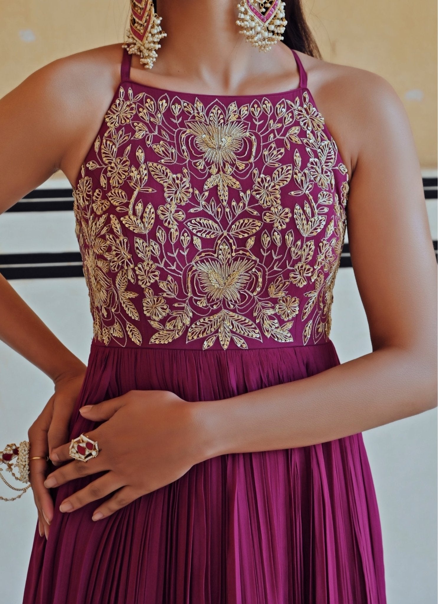 Pakistani Wine Embroidered Pure Crepe Anarkali Dress (2-Piece) - Image 5