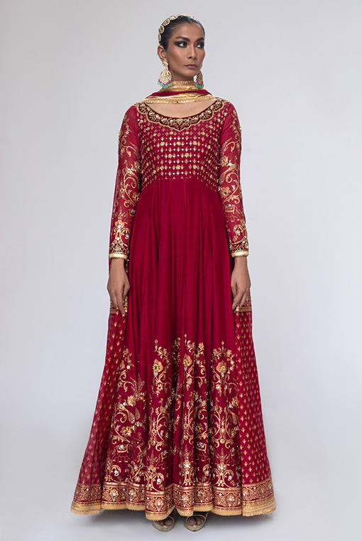 Pakistani Maroon Hand-Embroidered Georgette Anarkali Dress (3-Piece) - Image 1