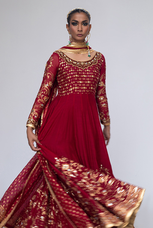Pakistani Maroon Hand-Embroidered Georgette Anarkali Dress (3-Piece) - Image 2