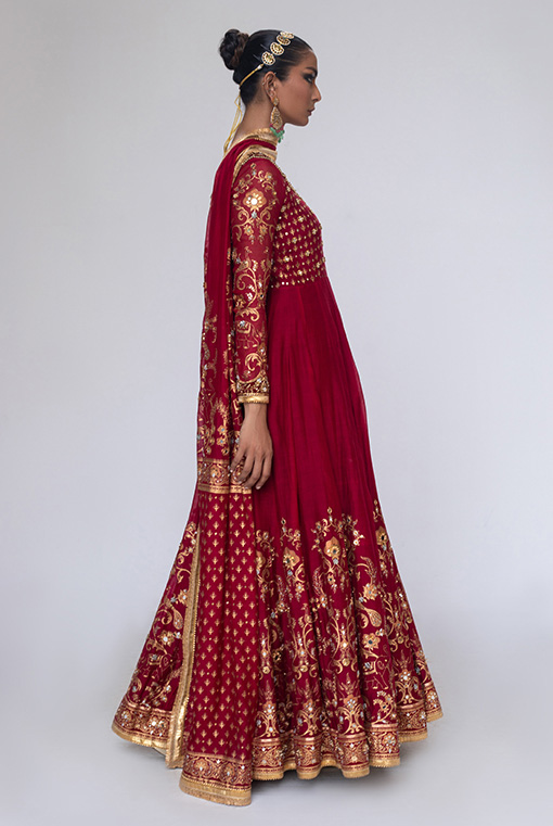 Pakistani Maroon Hand-Embroidered Georgette Anarkali Dress (3-Piece) - Image 3