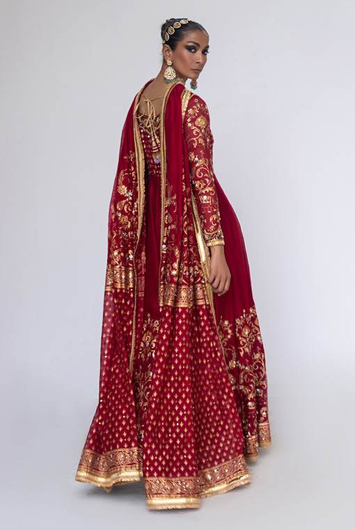 Pakistani Maroon Hand-Embroidered Georgette Anarkali Dress (3-Piece) - Image 4