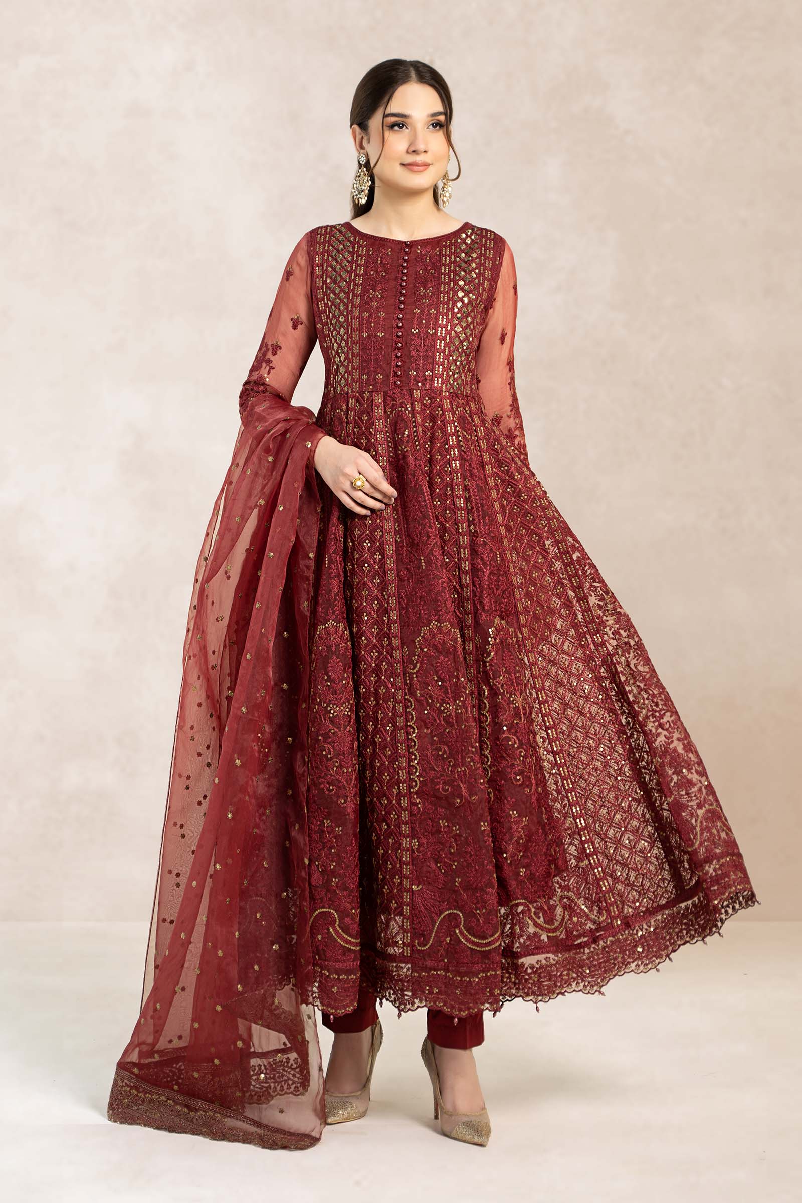 Pakistani Maroon Chikankari Embroidered Organza Anarkali Dress (3-Piece) - Image 1