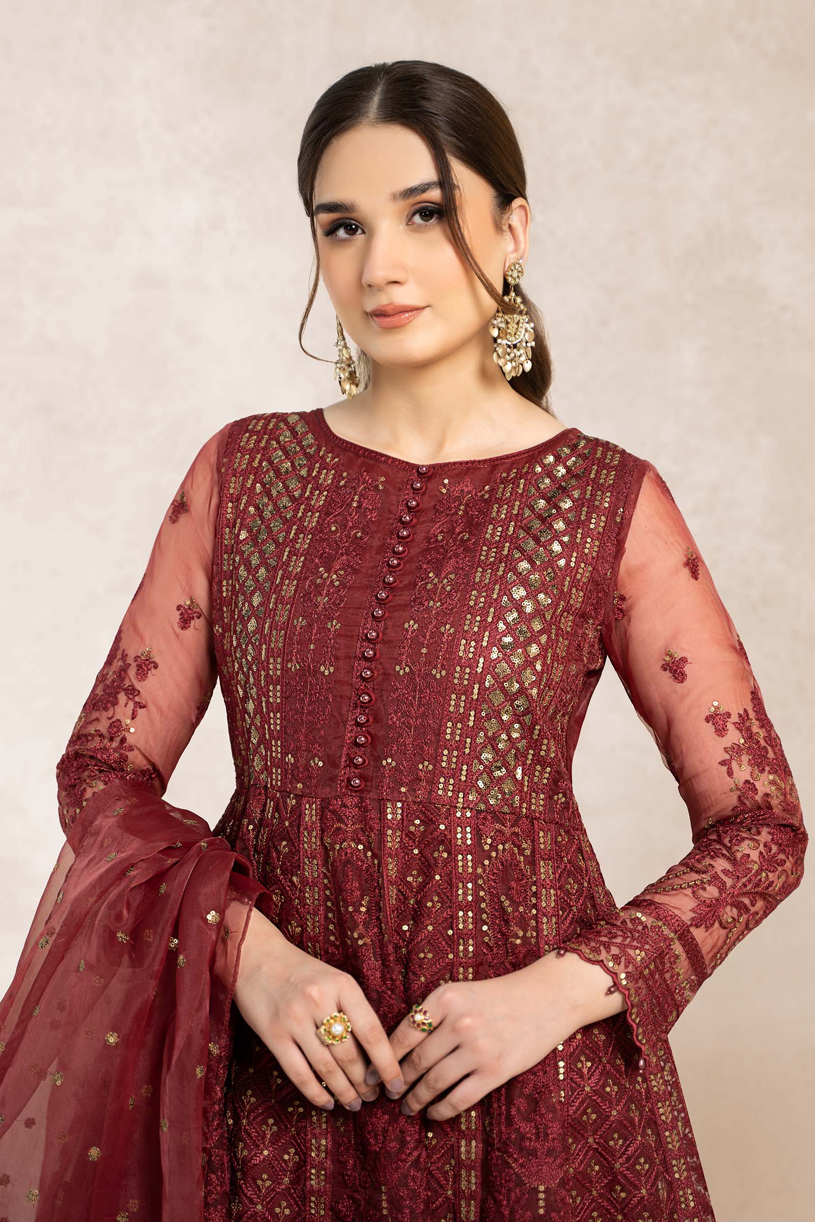 Pakistani Maroon Chikankari Embroidered Organza Anarkali Dress (3-Piece) - Image 3
