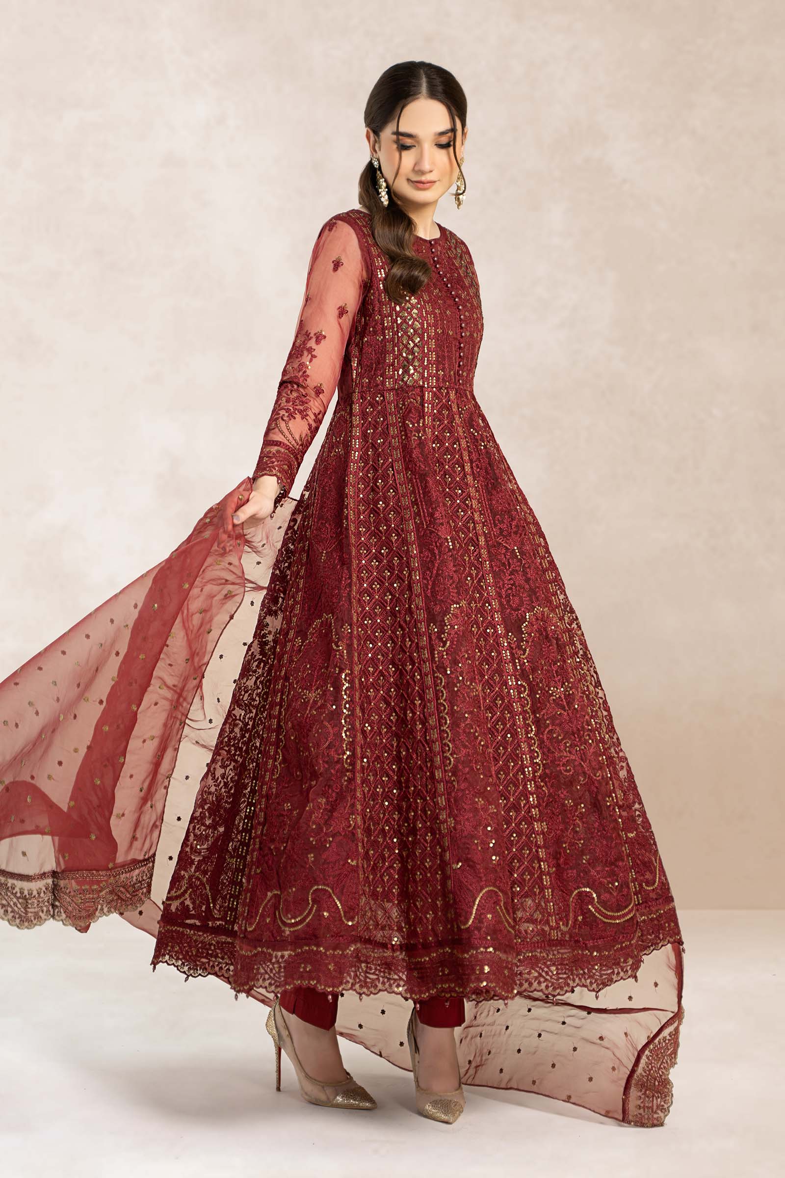 Pakistani Maroon Chikankari Embroidered Organza Anarkali Dress (3-Piece) - Image 5