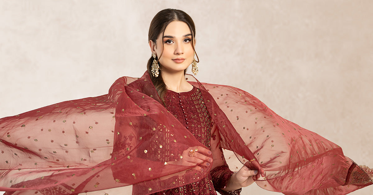 Pakistani Maroon Chikankari Embroidered Organza Anarkali Dress (3-Piece) - Image 7