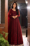Deep Maroon Sequined Organza Anarkali Dress (2-Piece) - Image 3