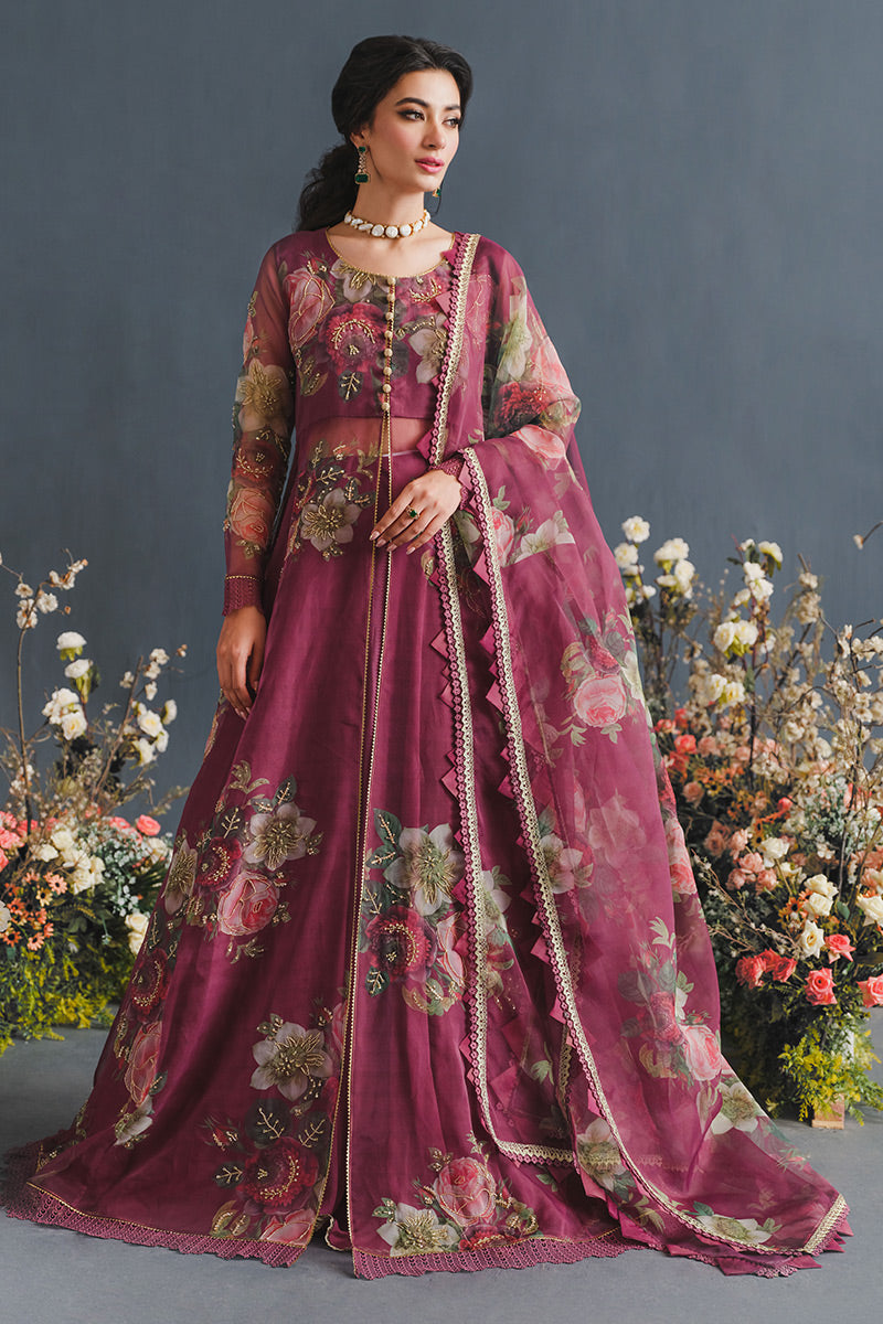 Pakistani Maroon Floral Embroidered Organza Anarkali Dress (2-Piece) - Image 1