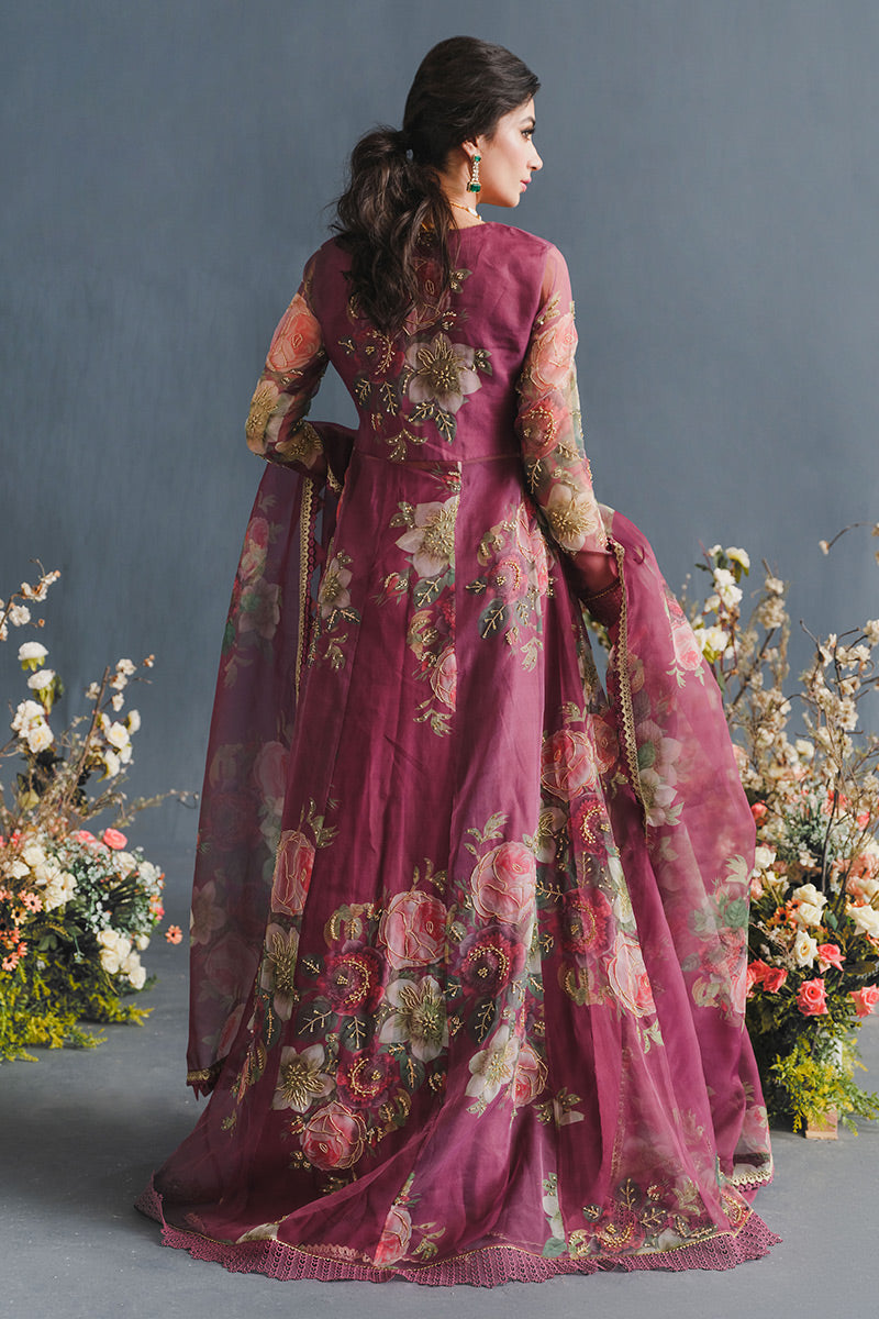 Pakistani Maroon Floral Embroidered Organza Anarkali Dress (2-Piece) - Image 2