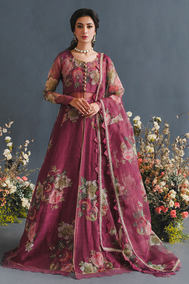 Pakistani Maroon Floral Embroidered Organza Anarkali Dress (2-Piece) - Image 3